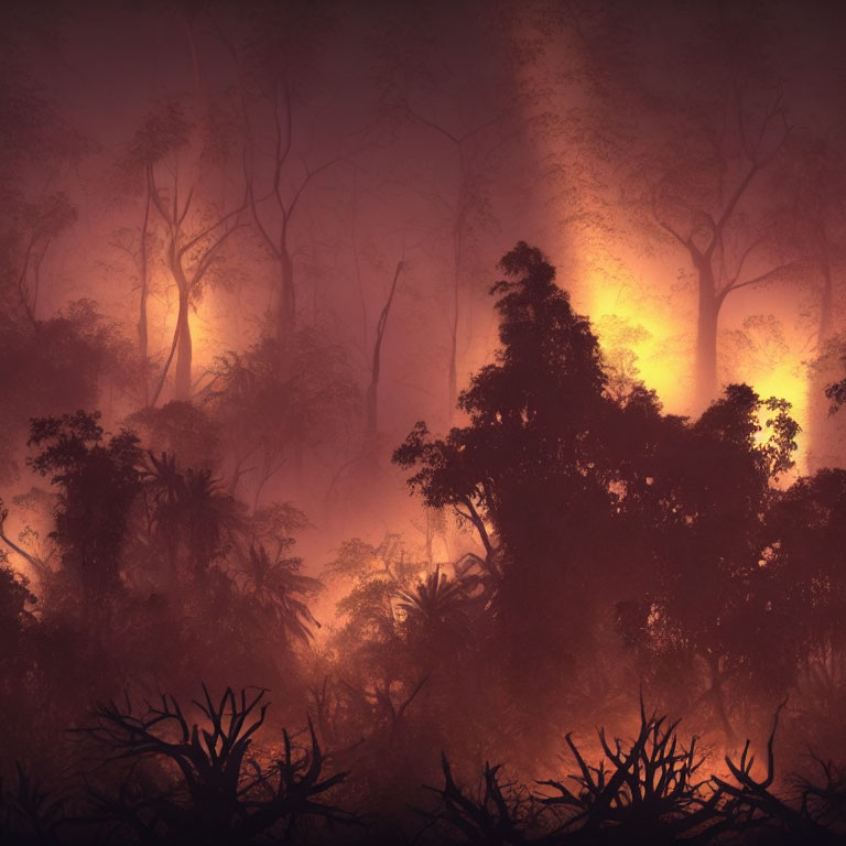 Mystical forest with fog, silhouetted trees, and eerie orange glow