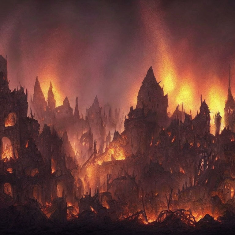 Dystopian landscape with burning buildings and smoke-filled sky