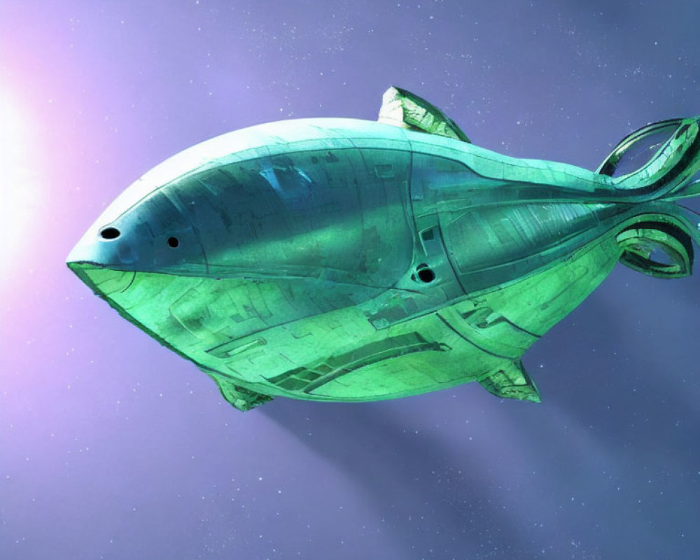 Fish-shaped spaceship gliding through space with green glow