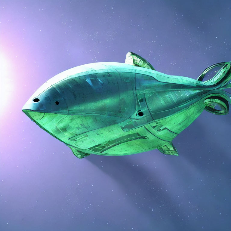 Fish-shaped spaceship gliding through space with green glow