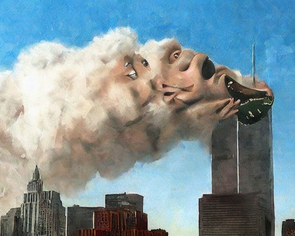 Surreal mural of giant cloud head biting skyscraper above cityscape