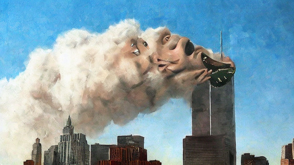 Surreal mural of giant cloud head biting skyscraper above cityscape