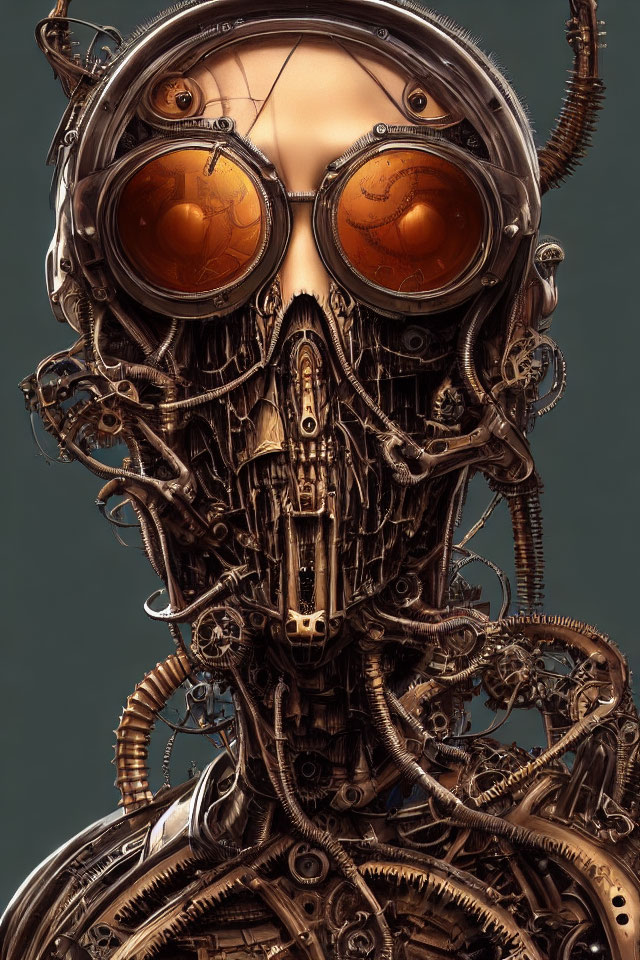 Futuristic robotic head with orange-glassed eyes and intricate mechanical details