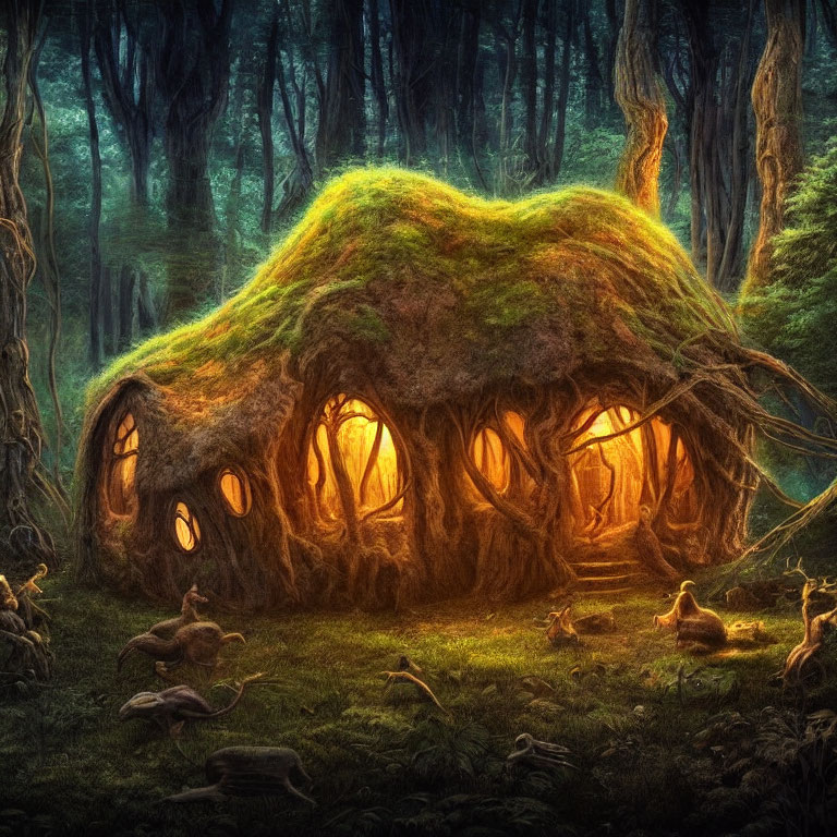 Enchanting forest scene with moss-covered dwelling and woodland creatures