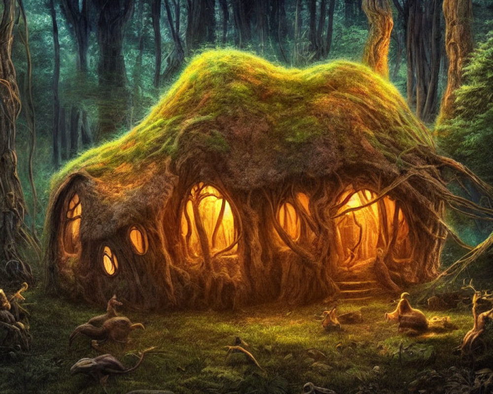 Enchanting forest scene with moss-covered dwelling and woodland creatures