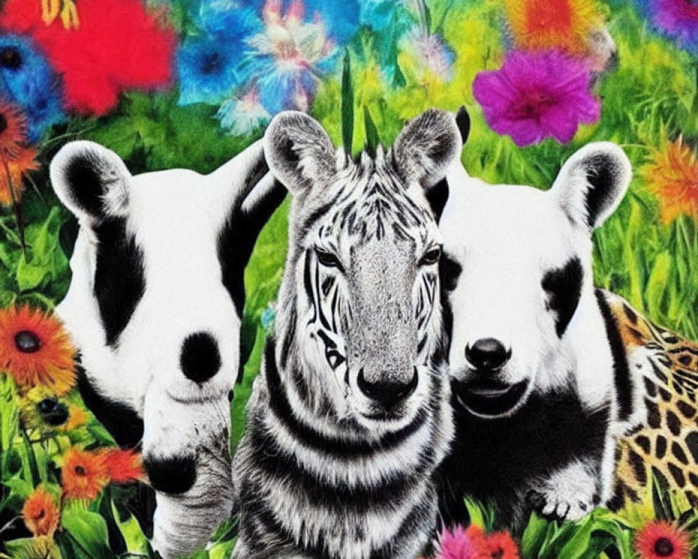 Zebra Heads with Tiger Stripes on Colorful Floral Background