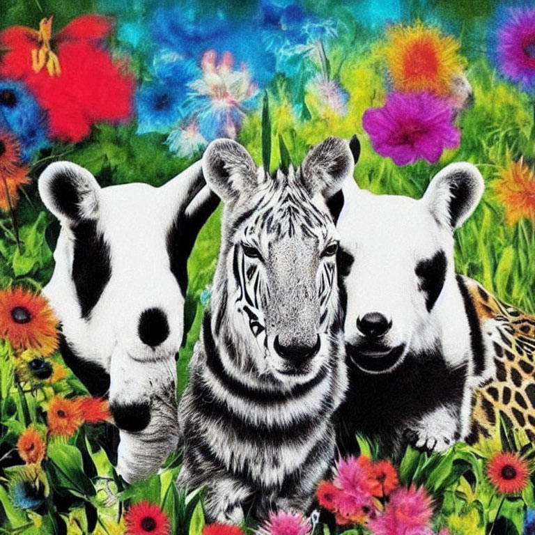 Zebra Heads with Tiger Stripes on Colorful Floral Background