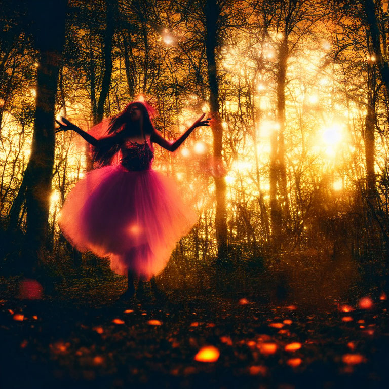 Person in pink tutu dancing in mystical forest with golden light