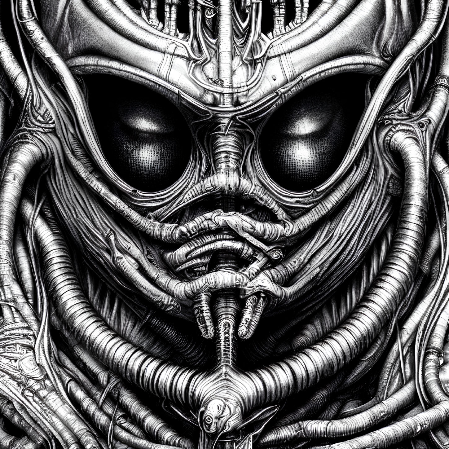 Detailed monochrome biomechanical entity illustration with pronounced eyes and intricate tubing.