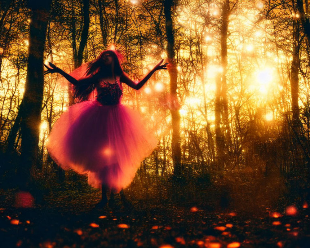 Person in pink tutu dancing in mystical forest with golden light