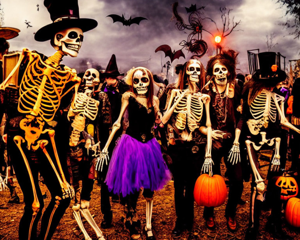 Skeleton Costumes Halloween Celebration with Pumpkins and Bats