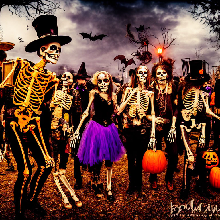 Skeleton Costumes Halloween Celebration with Pumpkins and Bats