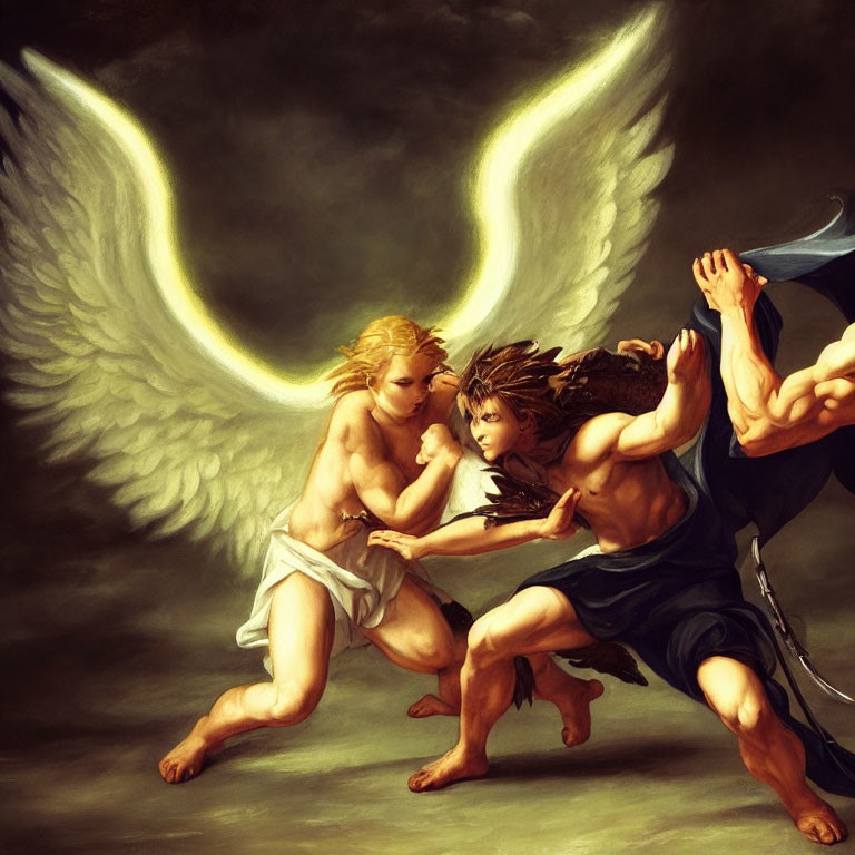 Golden-winged and dark-winged angelic beings in dynamic struggle against dark backdrop