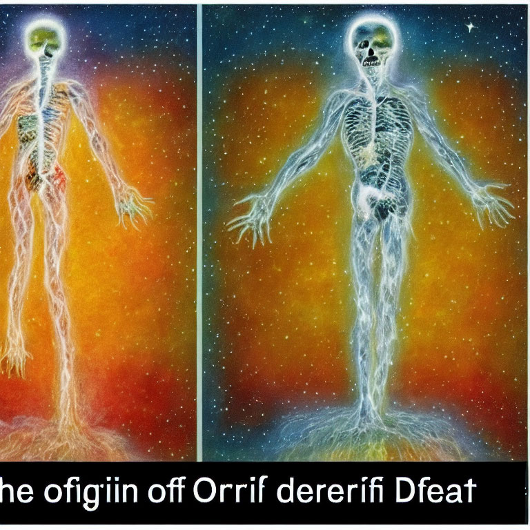 Digital artwork: Skeletal figure with aura in cosmic background