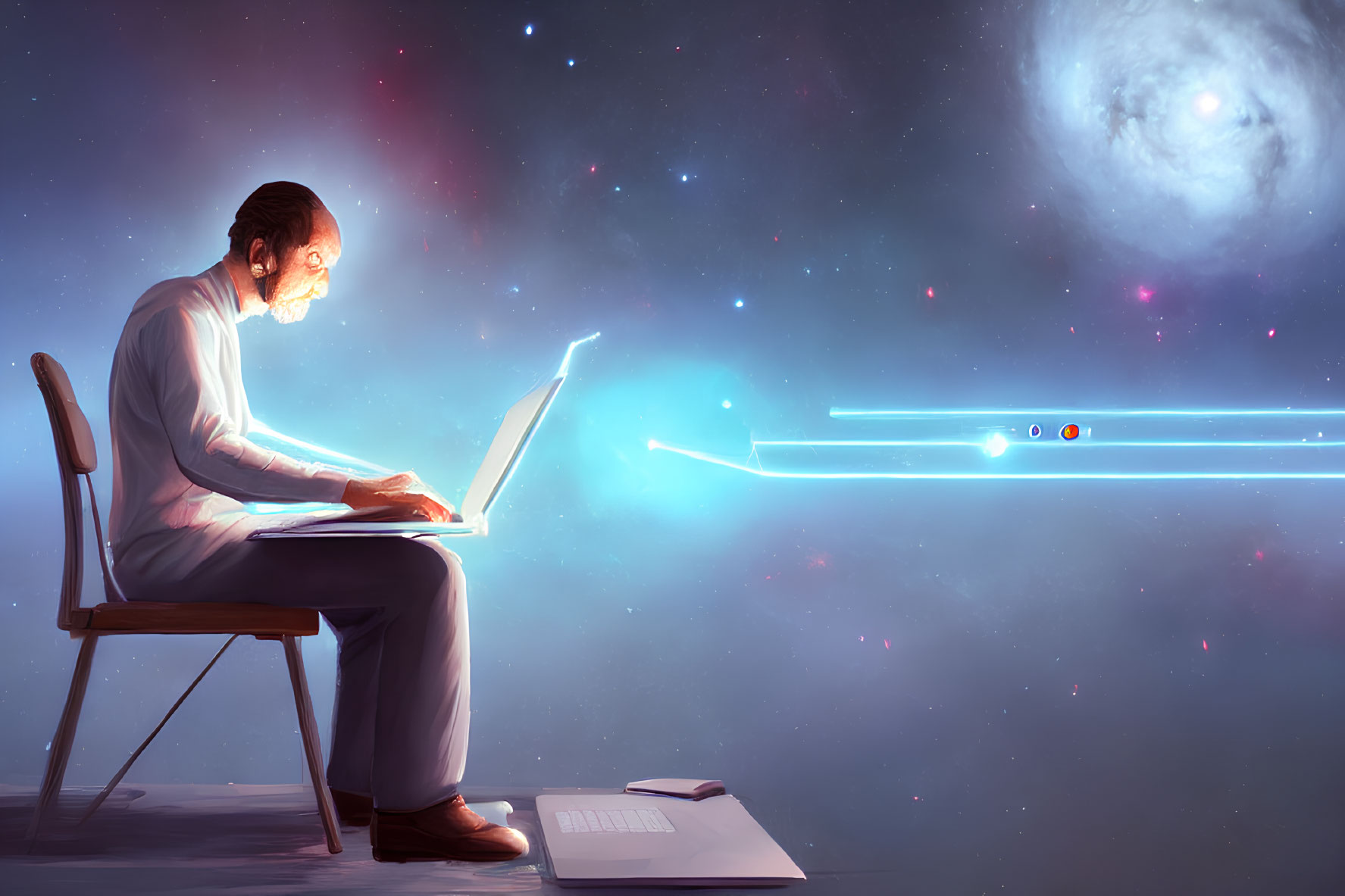 Person working on laptop with cosmic background featuring stars and galaxy