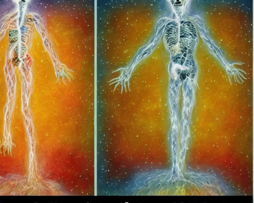 Digital artwork: Skeletal figure with aura in cosmic background