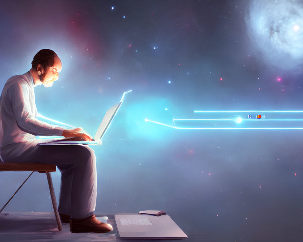 Person working on laptop with cosmic background featuring stars and galaxy