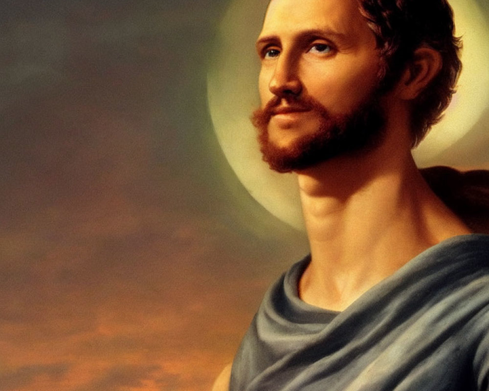 Classical painting of man with halo in classical attire gazes upward against warm, cloudy backdrop