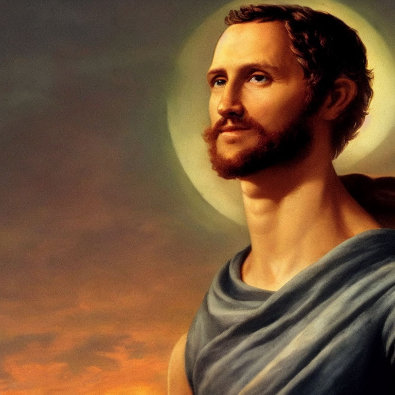 Classical painting of man with halo in classical attire gazes upward against warm, cloudy backdrop