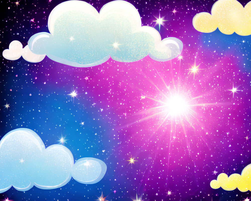 Vibrant starry sky illustration with central star and whimsical clouds