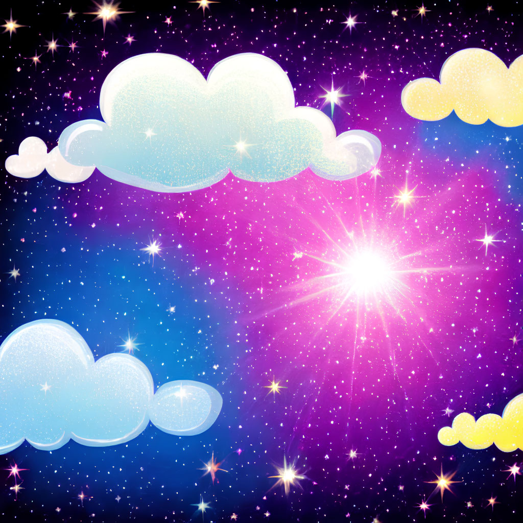 Vibrant starry sky illustration with central star and whimsical clouds