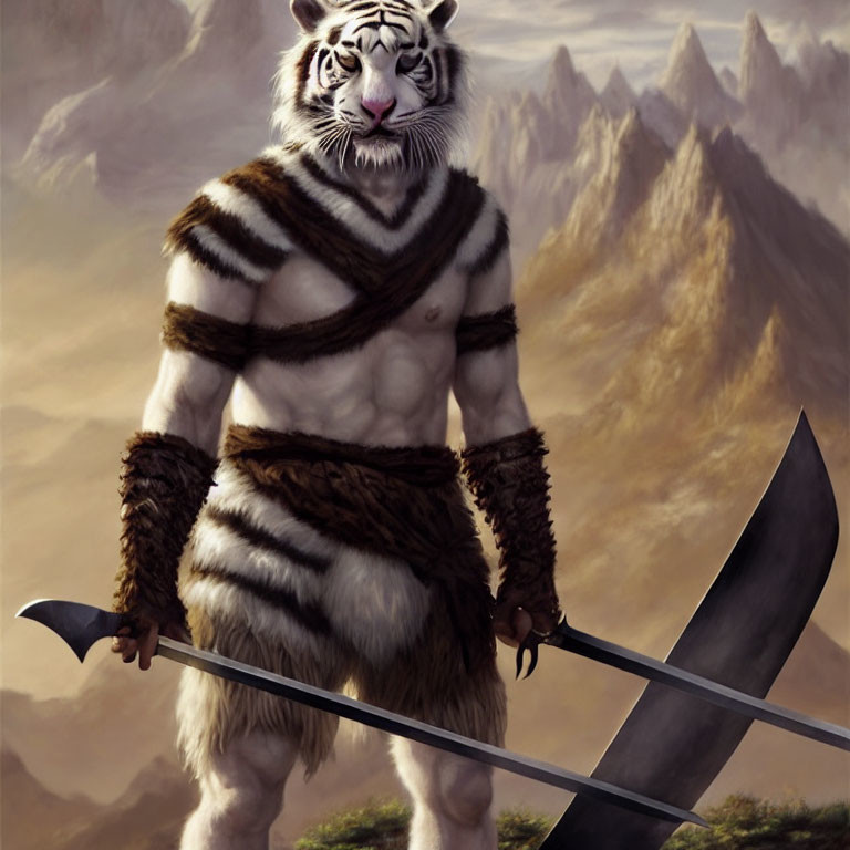 White Tiger Warrior with Scythe in Tribal Garments Against Mountainous Backdrop