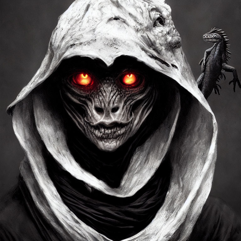 Sinister hooded creature with red eyes and iguana on shoulder in dark setting