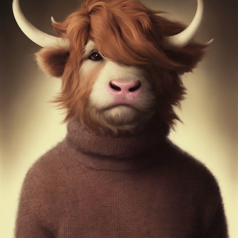 Highland cow digital art: shaggy hair, horns, brown turtleneck sweater