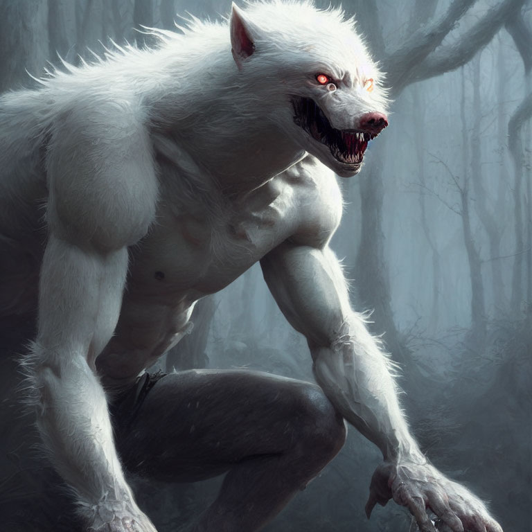 Menacing white werewolf with bared fangs in misty forest