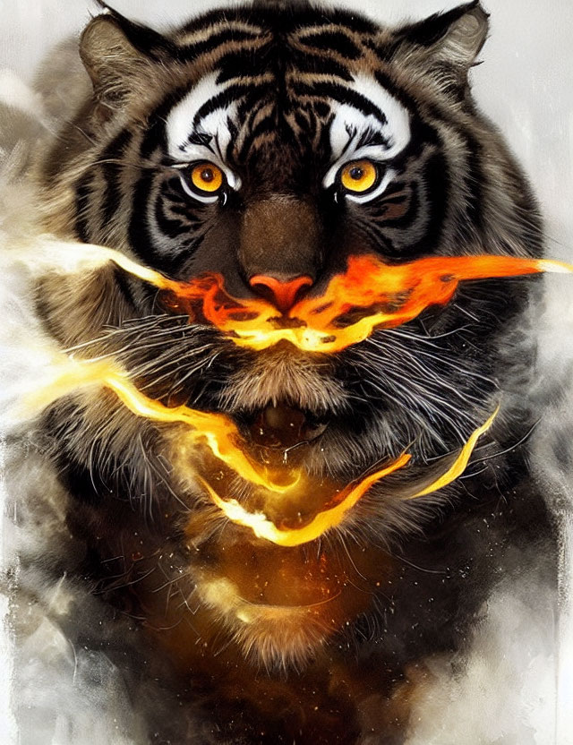 Vivid tiger artwork with striking eyes and fiery patterns on foggy background