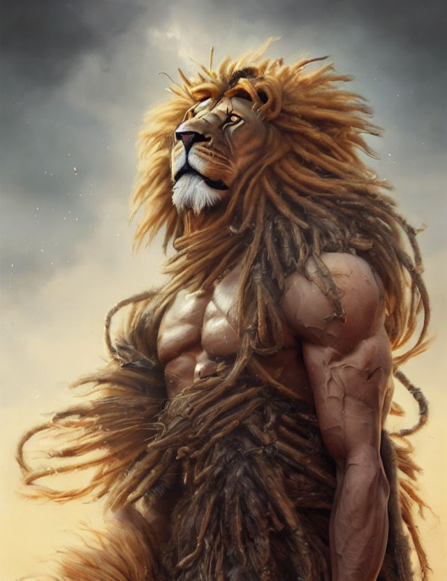 Anthropomorphic lion with muscular body against cloudy sky.