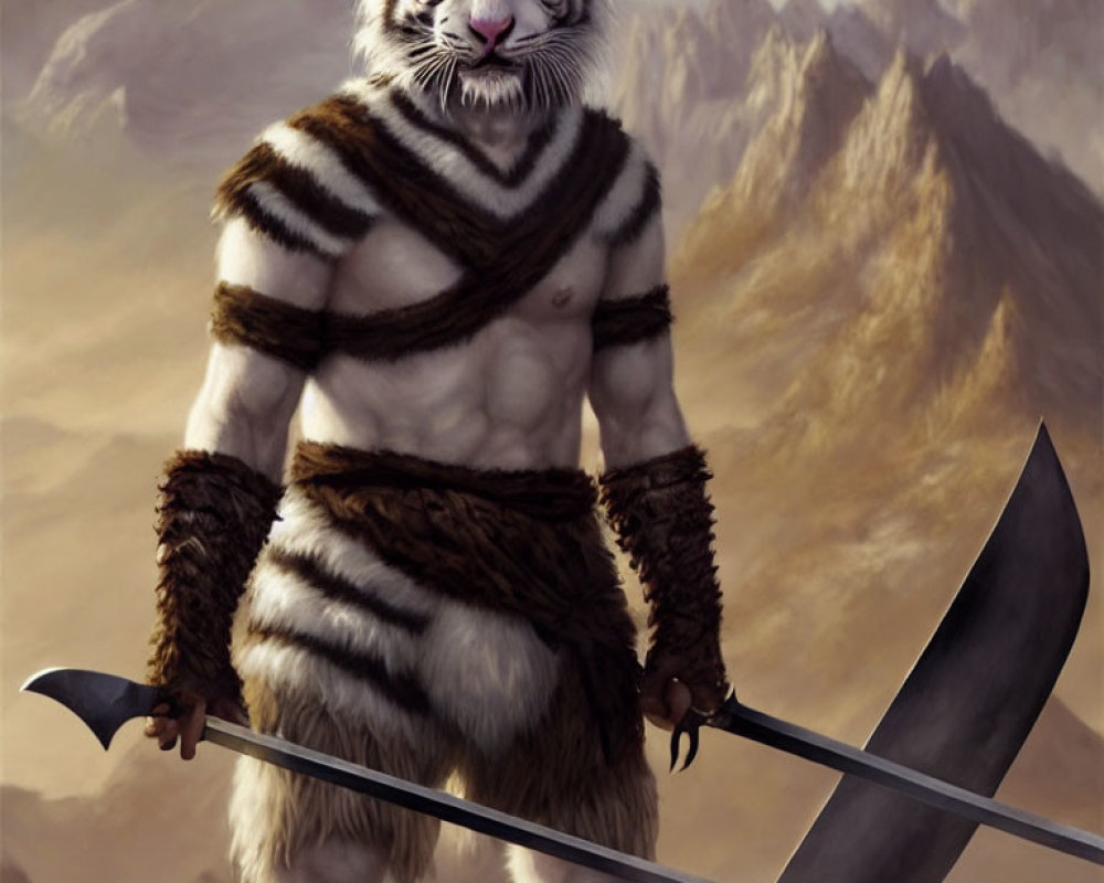 White Tiger Warrior with Scythe in Tribal Garments Against Mountainous Backdrop