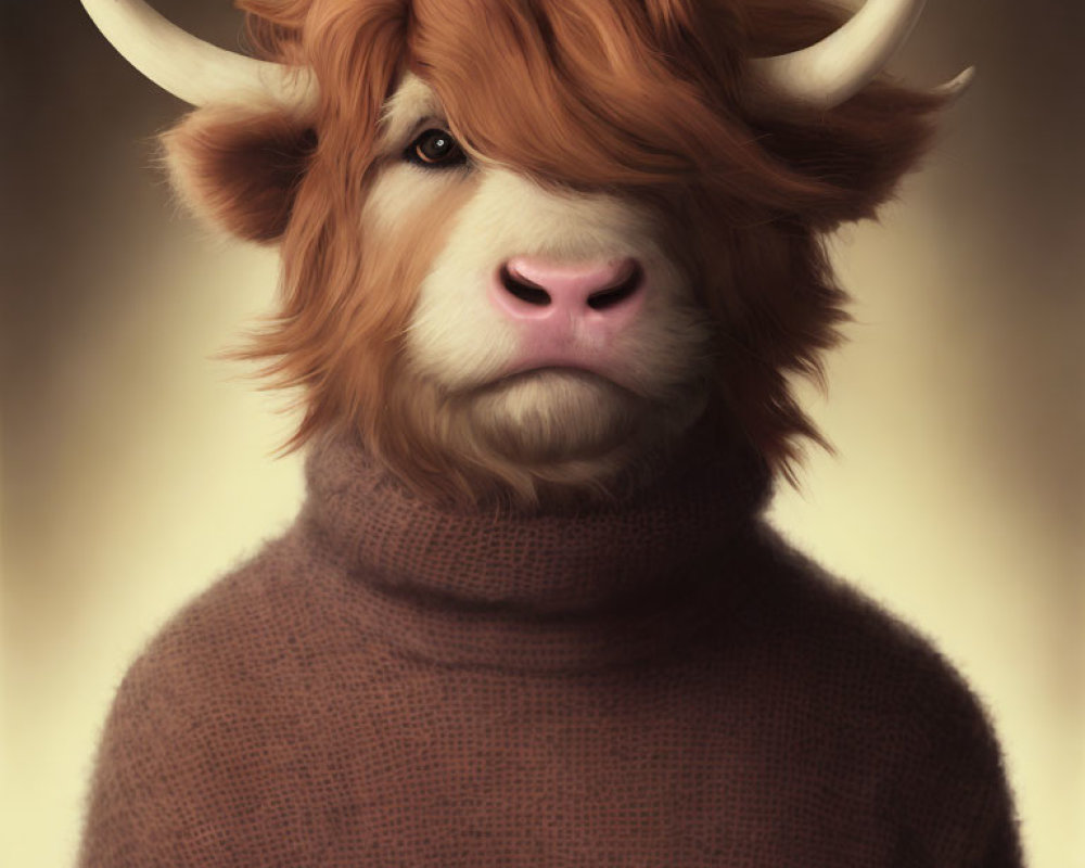 Highland cow digital art: shaggy hair, horns, brown turtleneck sweater