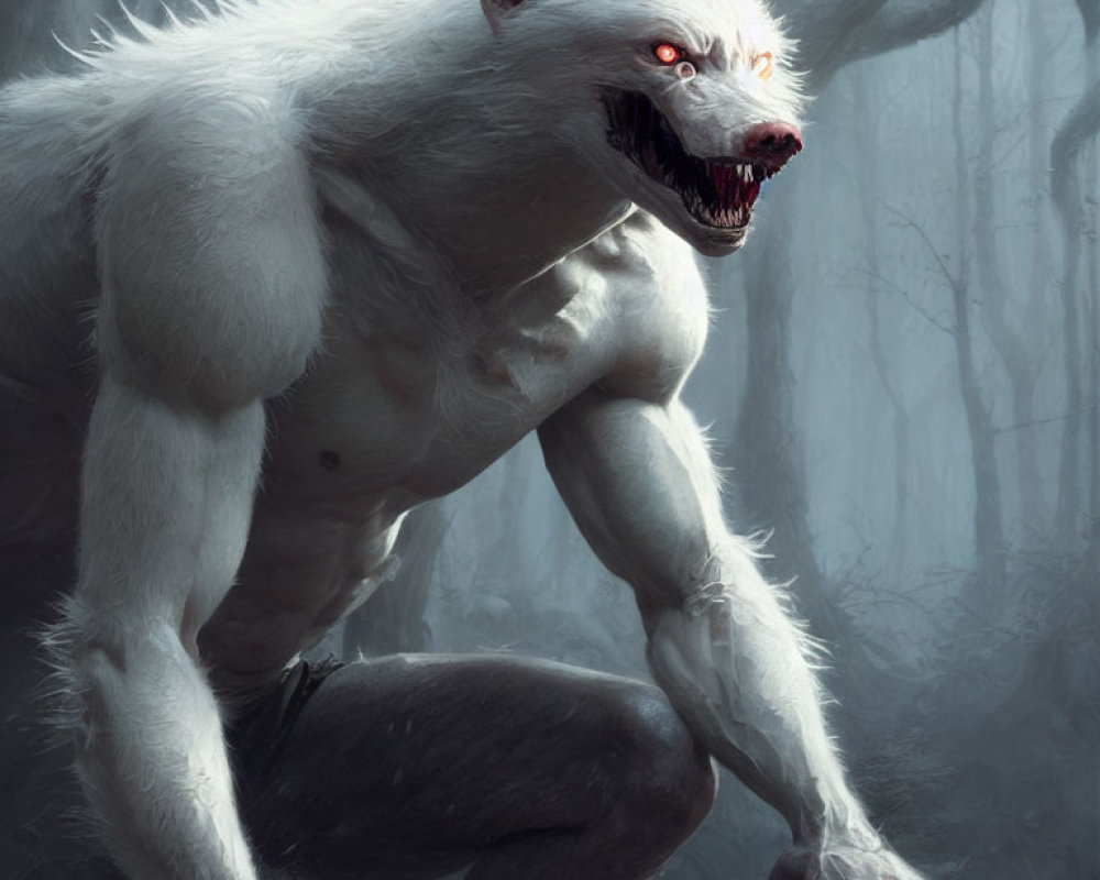 Menacing white werewolf with bared fangs in misty forest