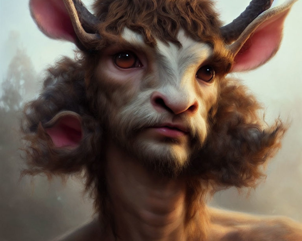 Digital artwork: Human face blended with goat features - horns, furry ears, emotive eyes