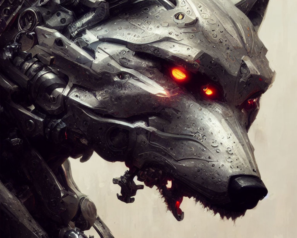 Detailed digital artwork of mechanized wolf with glowing red eyes and raindrops on metallic fur