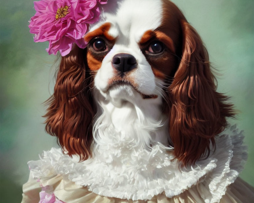 Whimsical portrait of Cavalier King Charles Spaniel in ruffled dress