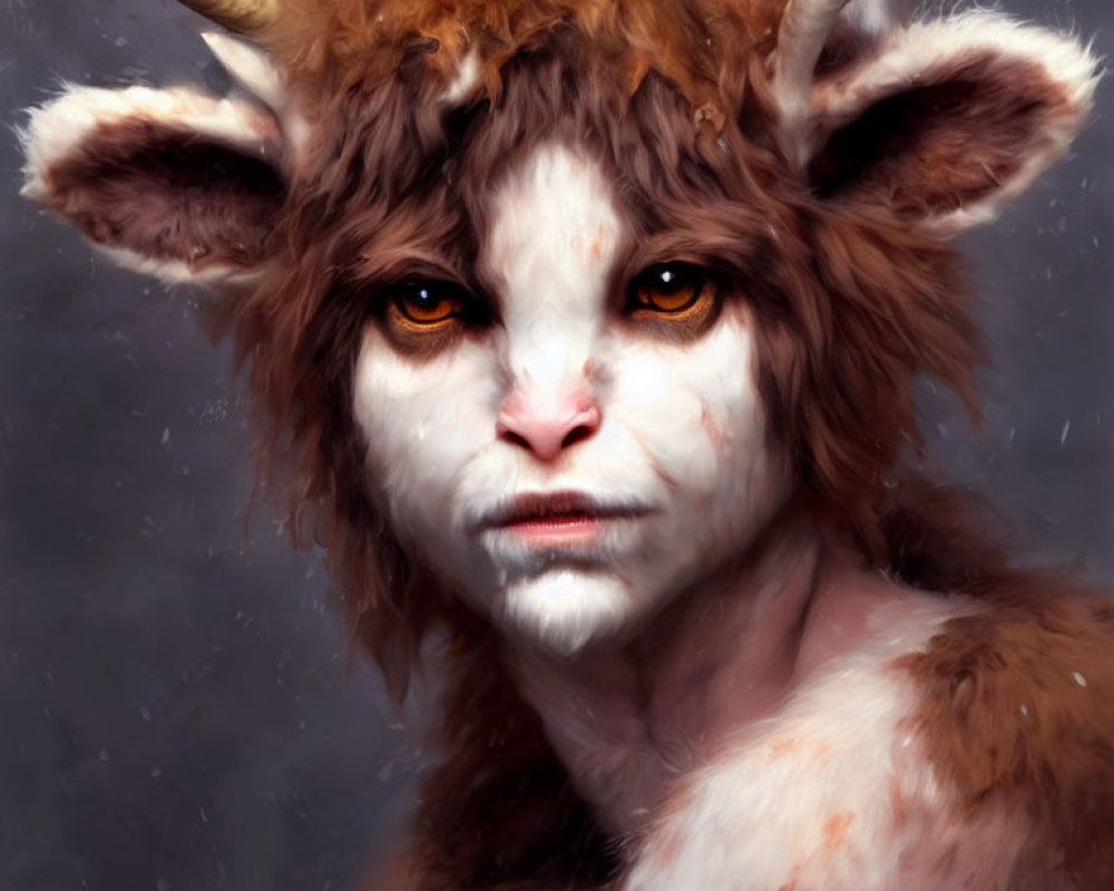 Fantastical creature with human-like face, furry ears, horns, and amber eyes on grey background