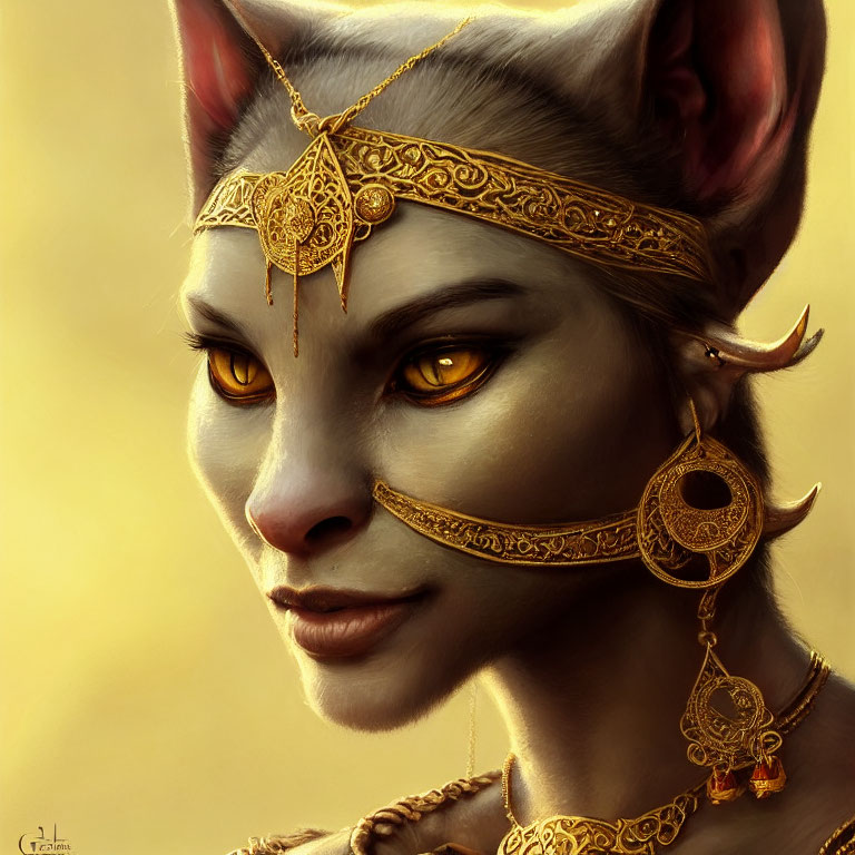 Fantasy character with feline features and golden jewelry.