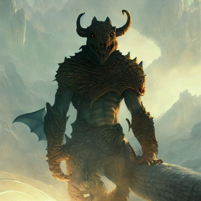 Dragon humanoid creature in armor with horns and wings on misty mountains