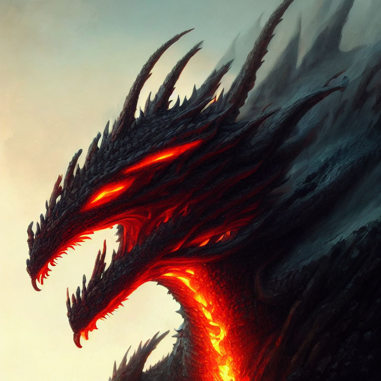 Black-Scaled Dragon with Red Eyes and Molten Cracks on Dark Background