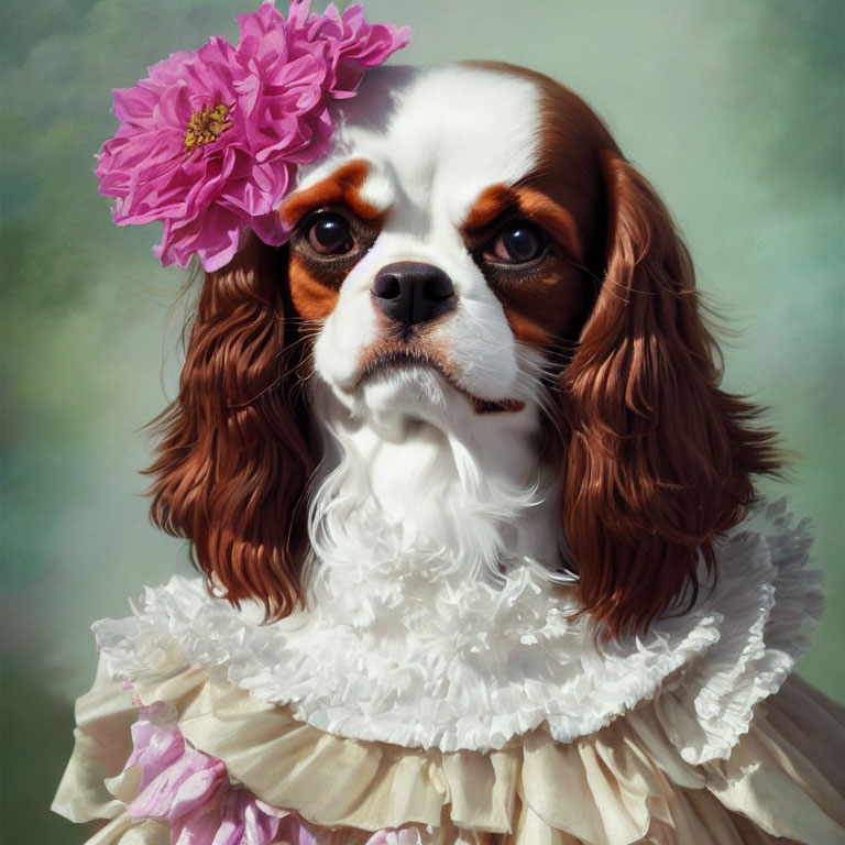 Whimsical portrait of Cavalier King Charles Spaniel in ruffled dress