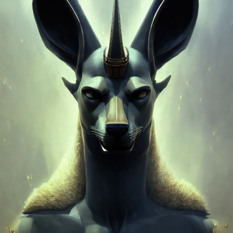 Anthropomorphic Egyptian jackal-headed god with golden crown.