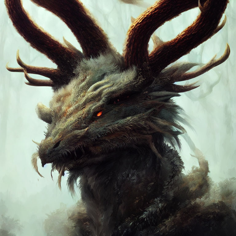 Dragon-headed creature with stag-like antlers and red eyes in misty setting