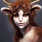 Fantastical creature with human-like face, furry ears, horns, and amber eyes on grey background