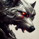 Detailed digital artwork of mechanized wolf with glowing red eyes and raindrops on metallic fur