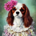 Whimsical portrait of Cavalier King Charles Spaniel in ruffled dress