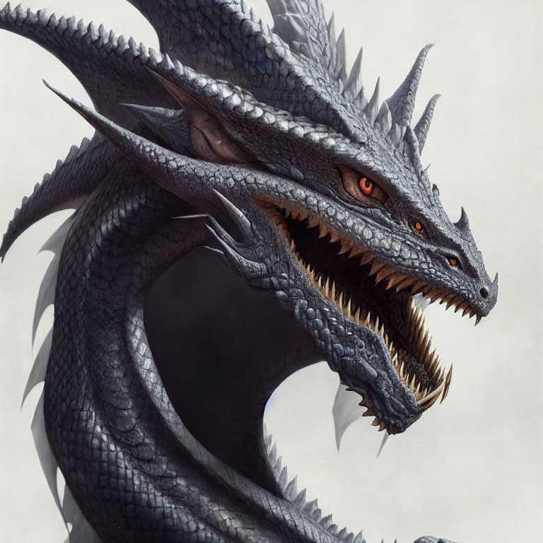 Detailed Dragon Illustration: Blue Scales, Orange Eyes, Sharp Teeth