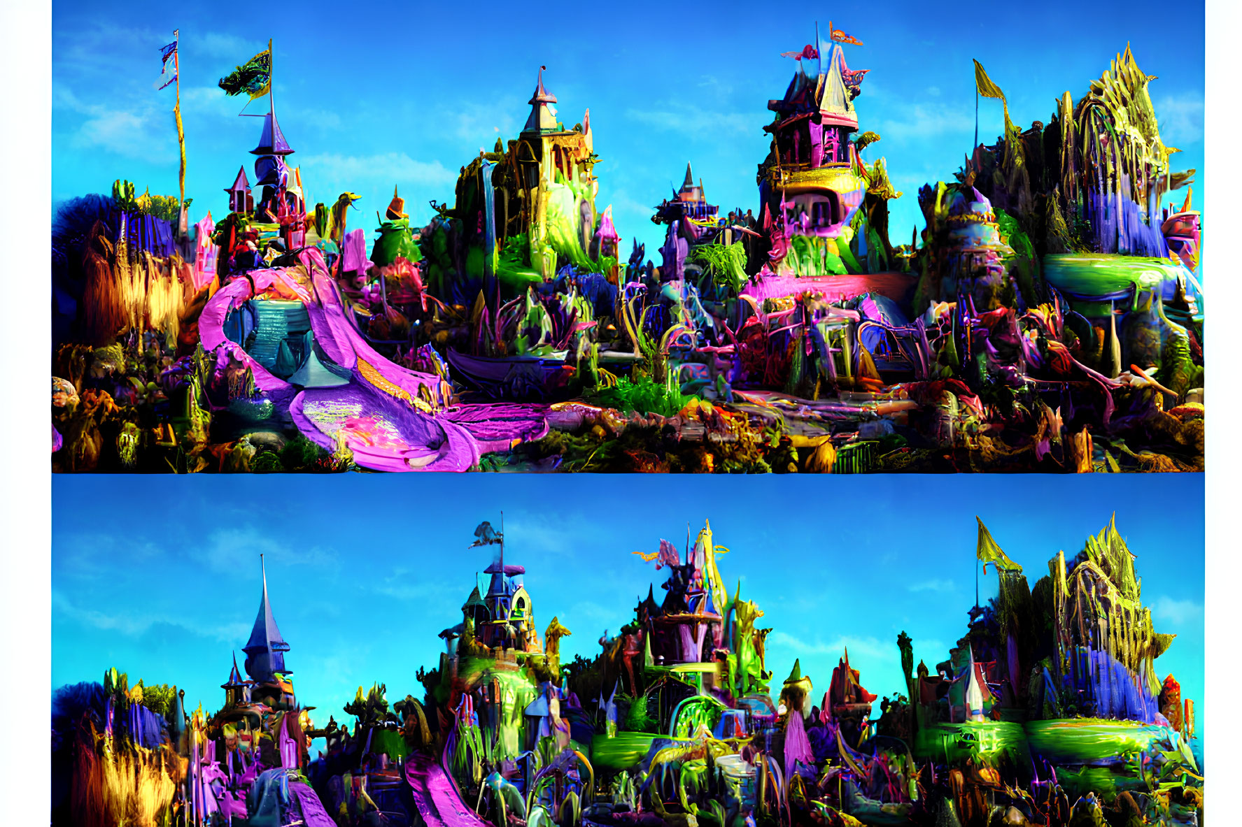 Colorful Fantasy Landscape with Whimsical Castles and Magical Structures