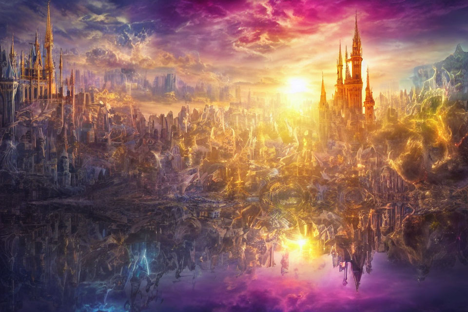 Majestic fantasy landscape with spires, water, and sunset